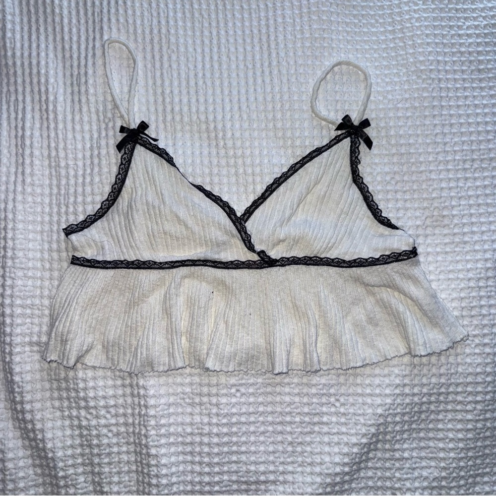 White and Black Lace Trim Peplum Top